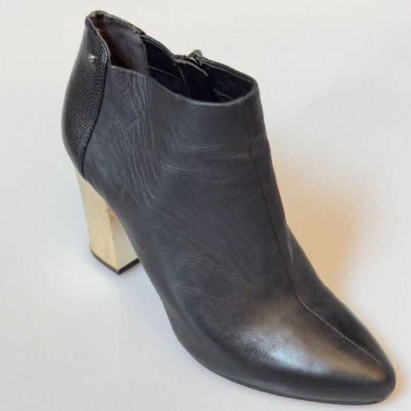 CIRCUS by Sam Edelman Shoes Black Leather Gold Block Heel Bootie Womans 8M - Picture 6 of 12